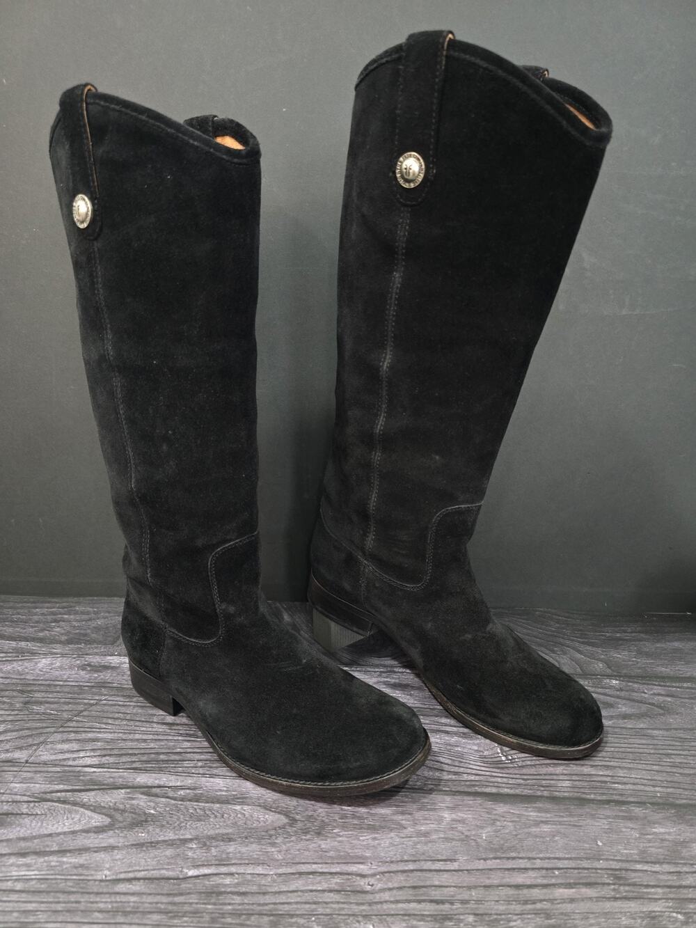 Frye Melissa Button Black Suede Tall Riding Boots Women's Size 7B 3477173-BLK